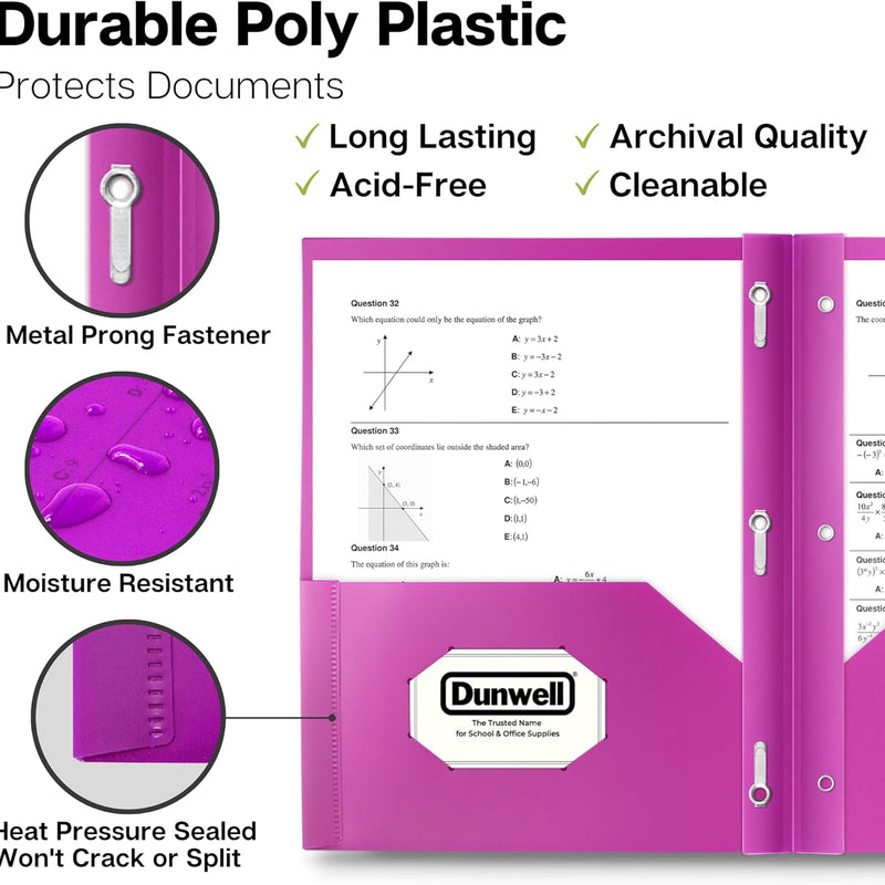 Dunwell Plastic 2 Pocket Folders with 3 Prongs, (6 Pack, Assorted Colors), 3-Clasp Folders with Fasteners, Tear-Resistant, Long Lasting Acid-Free Poly, Includes Labels