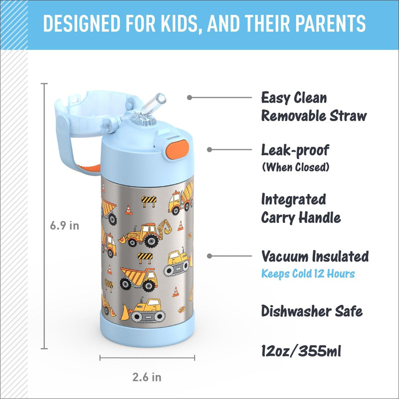 THERMOS FUNTAINER Water Bottle with Straw, 12oz, Construction | Kids Stainless Steel Insulated Water Bottle, Keeps Drinks Cold Longer for School & Play, BPA-Free