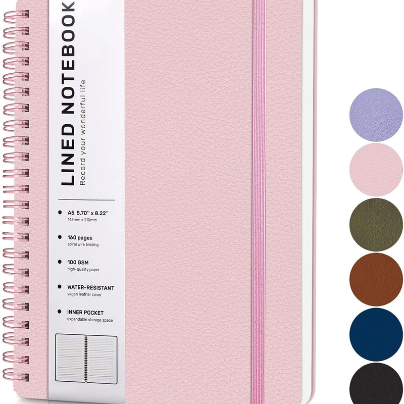 ABERLLS Lined Spiral Journal Notebook with 160 Pages, 8×5.7in, A5 Spiral Notebook, Journaling Notebooks for Work, School, Women, Men, College Ruled Spiral Notebook, Hardcover Leather Journals, Pink