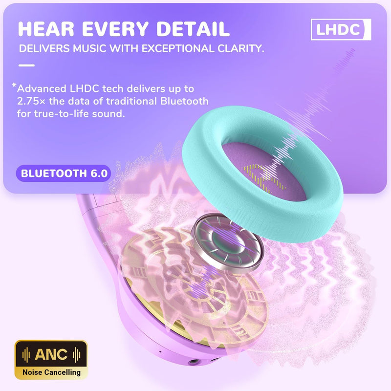 iClever Auraa Active Noise Cancelling Headphones for Kids, LED Light Up, Bluetooth 6.0, Safe Volume 80dBA, 47H Play Time,Fast Charging,Kids Headphones Wireless with Mic AUX Cord for Travel iPad,Purple