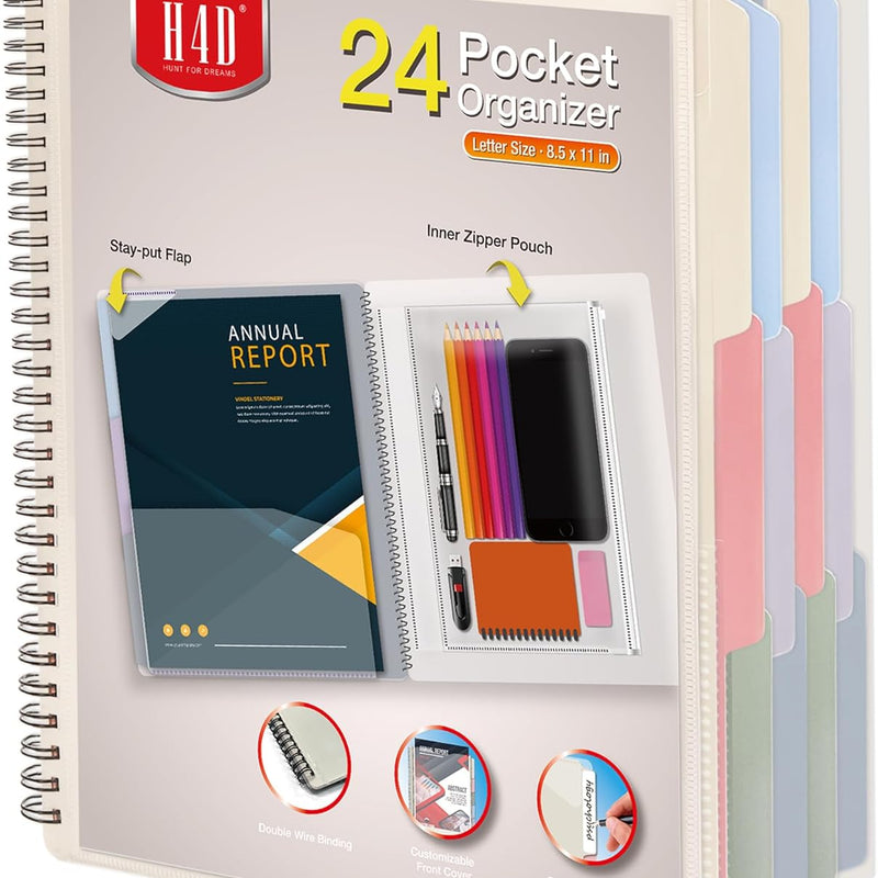 H4D 12 Pocket Poly Project Organizer, Spiral Multi Pocket Folder Organizer, Multi-Subject Folder Notebook, Letter Size