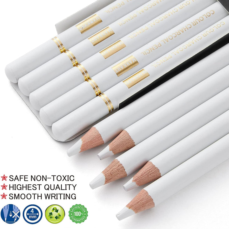 MARKART Professional White Charcoal Pencils Set, 5 Pieces Sketch Highlight Charcoal Pencils for Drawing, Sketching, Shading, Blending, White Chalk Pencils for Beginners & Artists