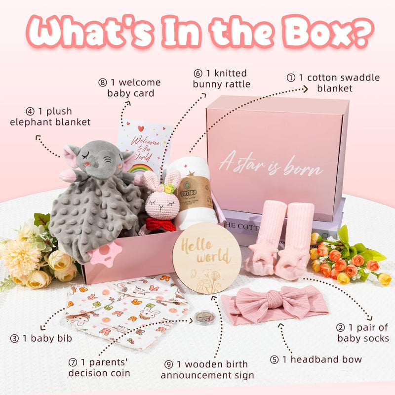 Newborn Baby Girl Gift, 9 Pcs Baby Gifts for Girls Newborn Essentials, New Baby Girl Gift Basket Baby Shower Gender Reveal Gifts, New Mom Gift Swaddle Blanket Bunny Rattle Gift Set