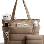 Bagstellar Puffer Tote Bag for Women, Lightweight Puffy Travel Gym Work Bag | 16 Pocket Teacher Nurse Quilted Shoulder Handbag Large Cloud Carry On 15.6" Laptop Computer Purse for School Nursing Clinical
