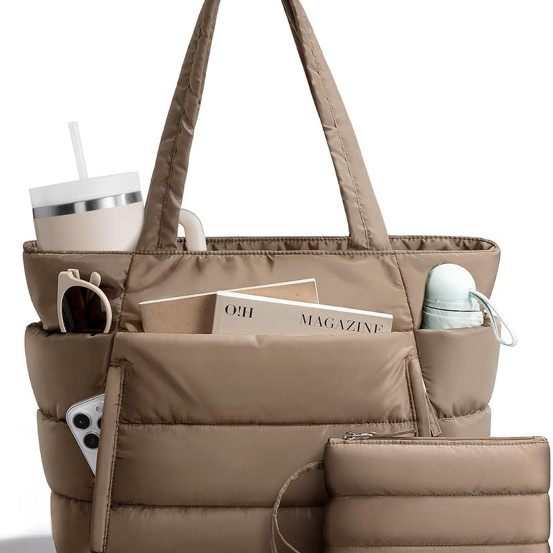 Bagstellar Puffer Tote Bag for Women, Lightweight Puffy Travel Gym Work Bag | 16 Pocket Teacher Nurse Quilted Shoulder Handbag Large Cloud Carry On 15.6" Laptop Computer Purse for School Nursing Clinical