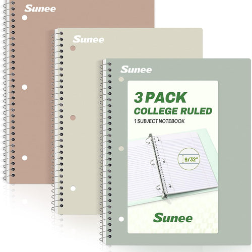 SUNEE Spiral Notebooks, 3 Pack, 1-Subject, College Ruled Paper, 8" x 10-1/2", 70 Sheets per Notebook, Assorted Aesthetic Colors Spiral Notebooks for School