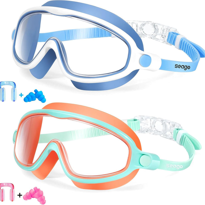 Seago Swim Goggles 2 Pack Anti-Fog Anti-UV Wide View Swimming Goggles for Kids 3-14