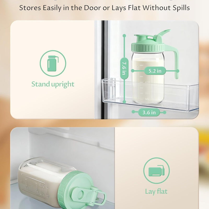 32oz Mason Jar Pitcher, Glass Breast Milk Pitcher with Lid | BPA Free, Airtight, Leak proof, Wide mouth, Pour Spout Lid, Fridge/ Dishwasher safe, Ergonomic handle, Formula container