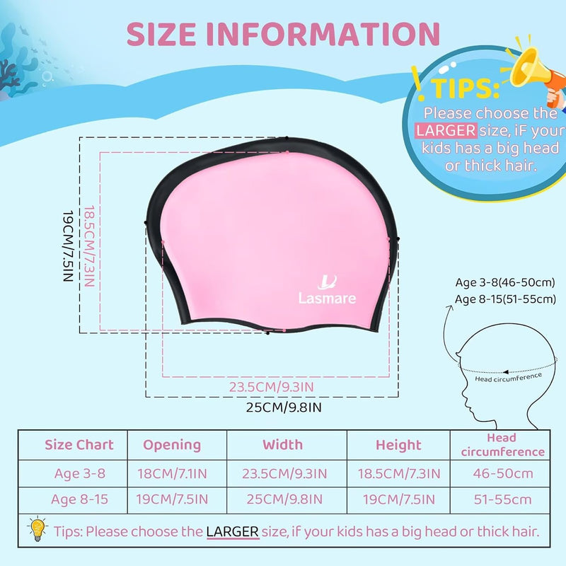 Silicone Swim Cap for Kids with Long Hair, 3 Sizes for Toddlers, Children & Teens Age 1–15, Waterproof Swimming Hat for Girls & Boys