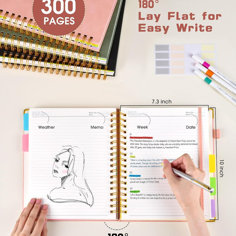Hardcover Spiral Notebook Journal with Removable Dividers Tabs, 300 Pages Leather 5 Subject Notebook College Ruled, 8"x10" Large B5 Notebooks for Work School Note taking, Lined Journal for Women, Pink