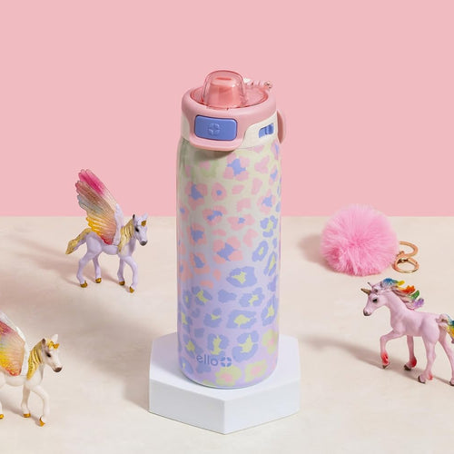 Ello Kids Pop & Fill 18oz Stainless Water Bottle, Sip or Chug, Cheetah | Insulated stainless steel kids water bottle with Quick Fill™ lid, sip straw, chug opening, leakproof lock, and BPA-free