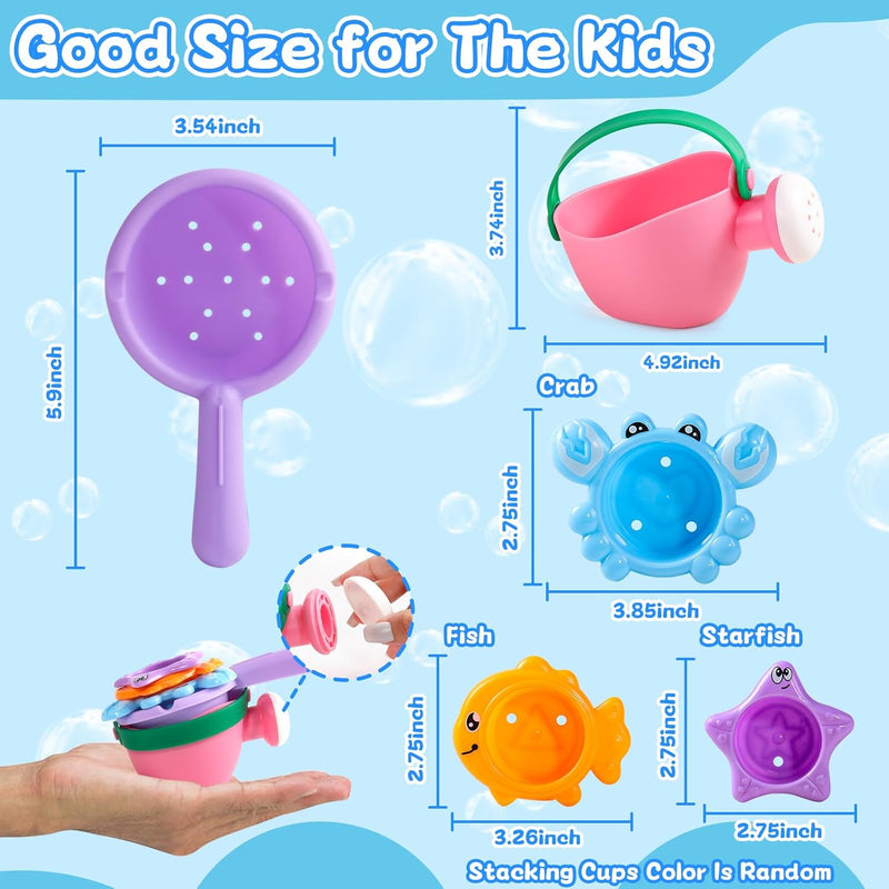 Fajiabao Toddler Bath Toys for Kids Ages 1-3 Stack, Scoop & Pour Set 5 PCS | Drain Quickly Nest for Easy Storage with 3 Animal Stacking Cups, Watering Can & Scoop for Floating Bathub Water Table Play