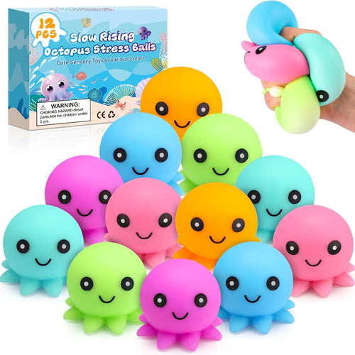 12 Pack Stress Balls for Adults, Cute Octopus Fun Squish Ball, Fidget Toys Bulk Squishy Squeeze Ball Set and Birthday Party Favors Toys for Kids