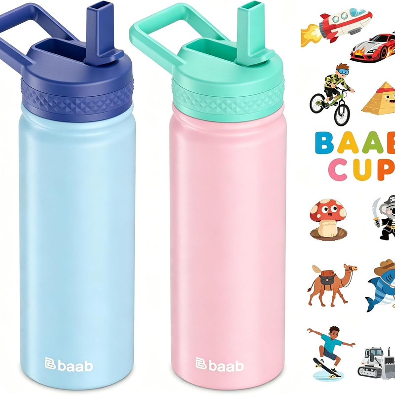 baab 18oz Kids Insulated Water Bottle 18/8 Stainless Steel Straw Cup 2 Pack | BPA-Free, DIY Stickers, Leakproof & Spillproof, Easy to Clean & Carry, Gift for Boy Girl Youth, for School Sport Travel