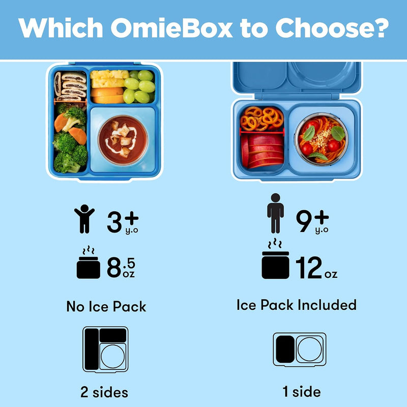 OmieBox Bento Box for Kids - Insulated Bento Lunch Box with Leak Proof Vacuum Insulated Food Jar - 3 Compartments, Two Temperature Zones (Blue Sky)