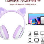 TCJJ Cat Ear Kids Bluetooth Headphones, LED, 85dB Volume Limit | Bluetooth 6.0 wireless headset with mic, stereo sound, foldable, 3.5mm wired mode for girls, school, tablet, travel
