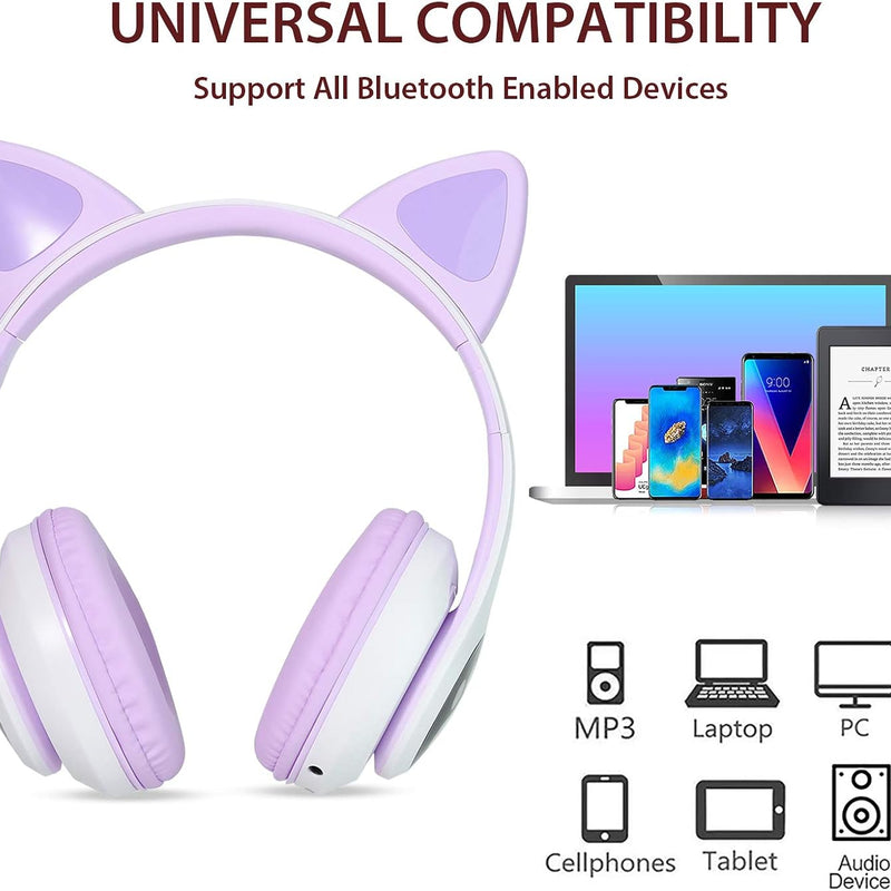 TCJJ Cat Ear Kids Bluetooth Headphones, LED, 85dB Volume Limit | Bluetooth 6.0 wireless headset with mic, stereo sound, foldable, 3.5mm wired mode for girls, school, tablet, travel