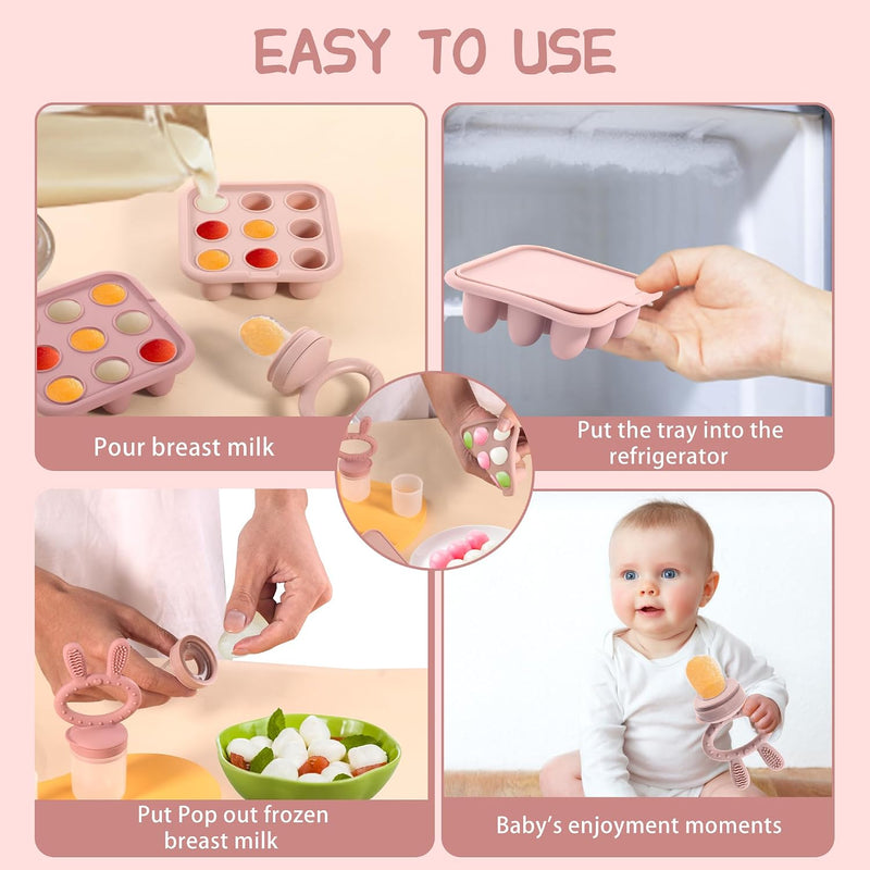 Baby Breastmilk Popsicle Molds & Baby Fruit Feeder (4 Pack), Infant Food Freezer Tray Storage Containers, Silicone Teething Pacifier Feeder and Teether for Babies（Pink&Purple）