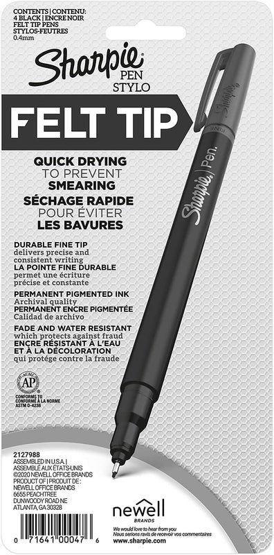 SHARPIE Felt Tip Pens, Fine Point (0.4Mm) Felt Tip Markers, Journaling Pens, Art Markers, Drawing Markers, Black, 4 Count