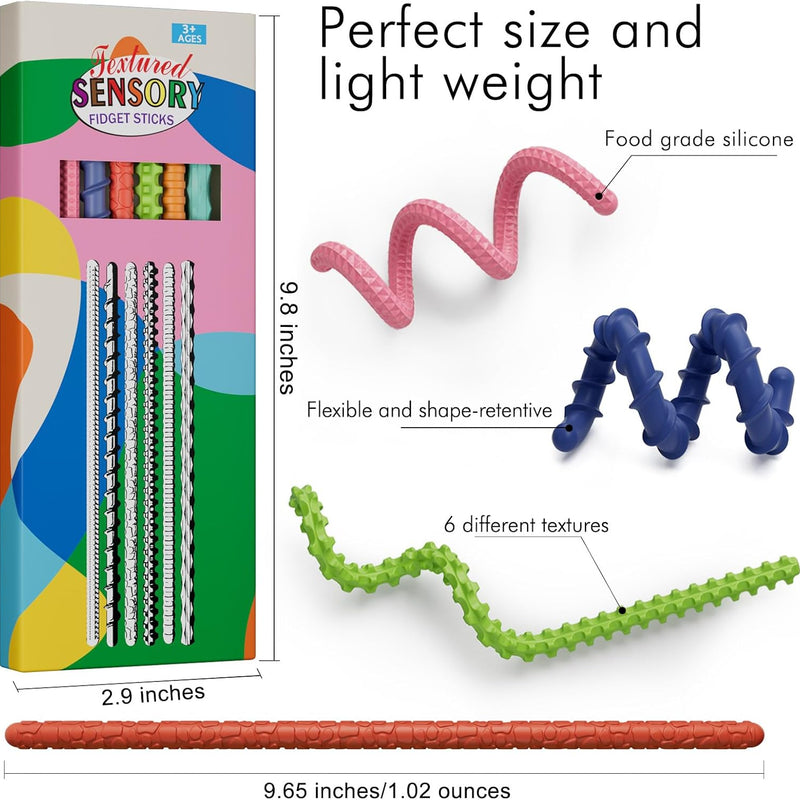6pc Set of Flexible Fidget Sticks for Stress Relief, ADHD, Autism, Anxiety, Calming for Kids and Adults