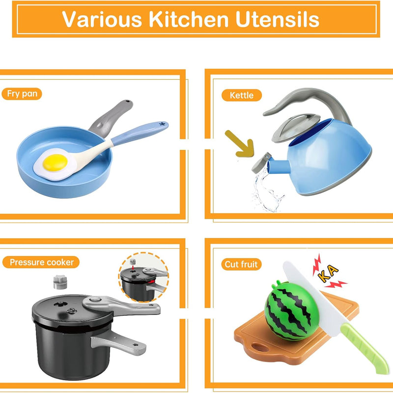 130Pcs Kitchen Playset, Toddler Pretend Cooking Play Pots, Pans, Utensils Cookware, Daily Food Fruit Veges, Shopping Storage Basket, Dessert, Prop Money, Learning Gift for Child (Blue)