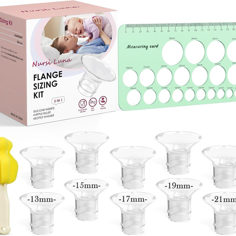 Nursi Luna Flange Sizing Kit for 24mm Breast Pumps, 10PCS | 13/15/17/19/21mm Flange Inserts, Nipple Measurement Tool, Fit Electric & Manual Pumps, Soft Silicone, Comfortable Pumping
