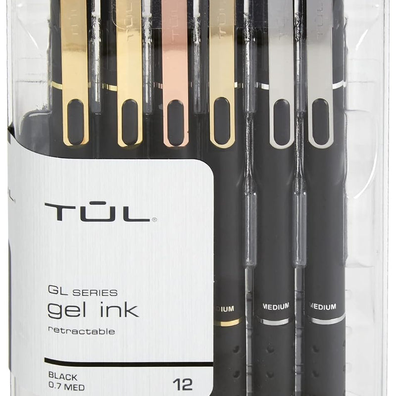 TUL® GL Series Retractable Gel Pens, Medium Point, 0.7 mm, Black Barrel, Black Ink, Pack Of 12 Pens