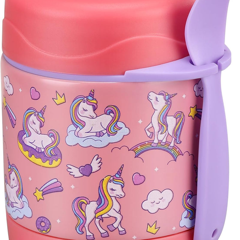 10oz Soup Thermo for Hot Food Kids Insulated Food Jar,Thermo Hot Food Lunch Container, Width Mouth Stainless Steel Lunch Box for Kids with Spoon (Pink-Cute Horse)
