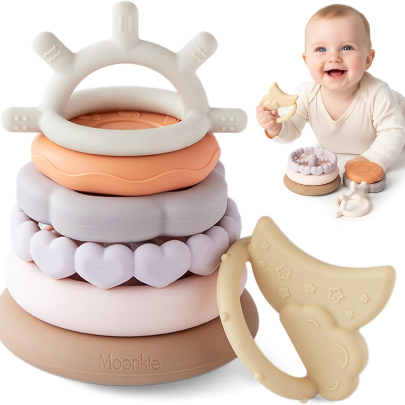 Moonkie 7-Piece Soft Teething Toy Set with Stacking Rings for Babies | Educational Learning Toy