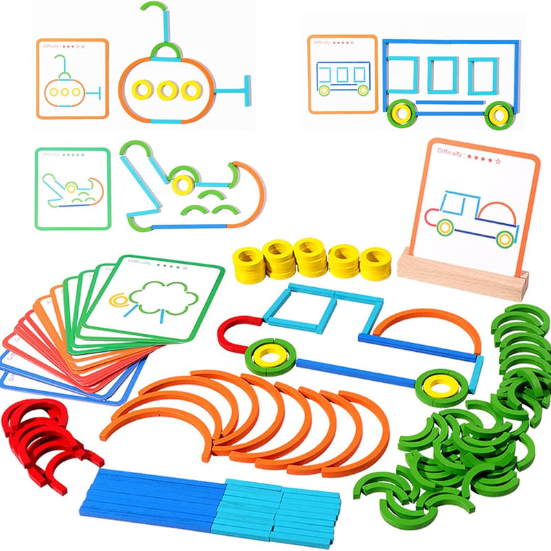 142pcs Wooden Pattern Blocks Montessori STEM Toy for 3-5 Years Old Kids, Made in USA, 142pcs Sticks & Rings