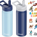 baab 18oz Kids Insulated Water Bottle 18/8 Stainless Steel Straw Cup 2 Pack | BPA-Free, DIY Stickers, Leakproof & Spillproof, Easy to Clean & Carry, Gift for Boy Girl Youth, for School Sport Travel