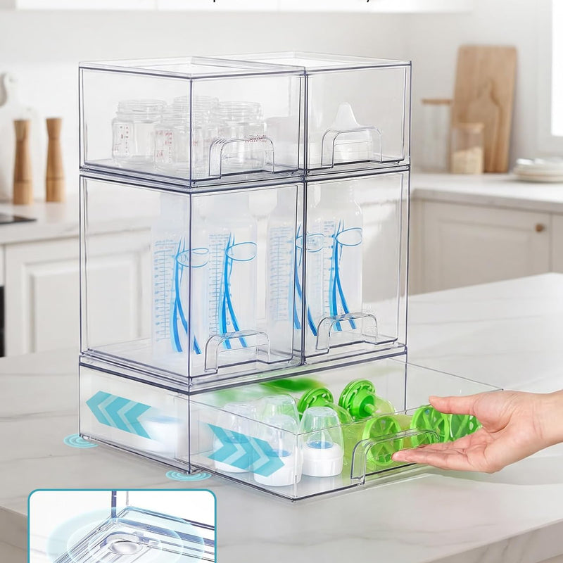 Vtopmart Stackable Storage Drawers Set of 5, Clear Plastic Organizer Bins for Baby Bottle, Beauty Supplies Storage, Ideal for Kichen Countertop, Vanity, Bathroom, Cabinet, Pantry Organization