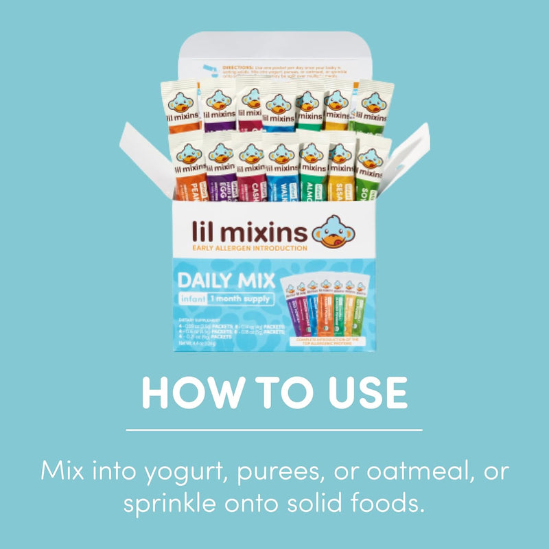 Lil Mixins Allergen Introduction Daily Mix for Babies, Top 7 Allergens | 7 Common Allergens: Peanut, Egg, Cashew, Walnut, Almond, Soy, Sesame, Easy-Mix Powder for Babies 4-12 Months, 1-Month Supply