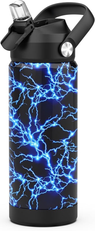 Boys Water Bottle with Straw,18 oz Kids Insulated Cups with Stainless Steel Leak Proof for School,Sport&Travel（Lightning）