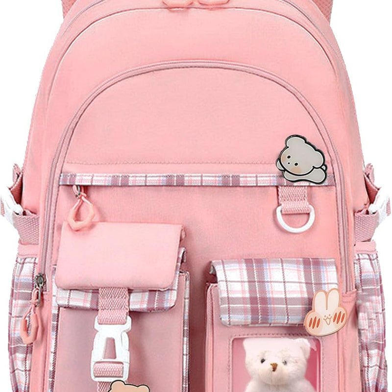 PRLINJSK Girls Backpack，Cute School Backpack for Girls Kids Teens，Kawaii Bookbag for Primary Elementary，Pink