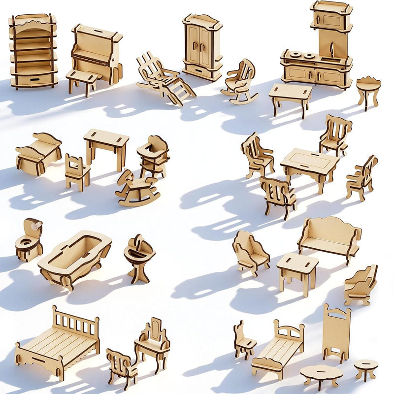 LOVEINUSA 34 PCS DIY Wooden Dollhouse Furniture Set, 1:20 Scale Miniature Room Accessories for Kitchen Living Room Bathroom for DIY Crafts Project