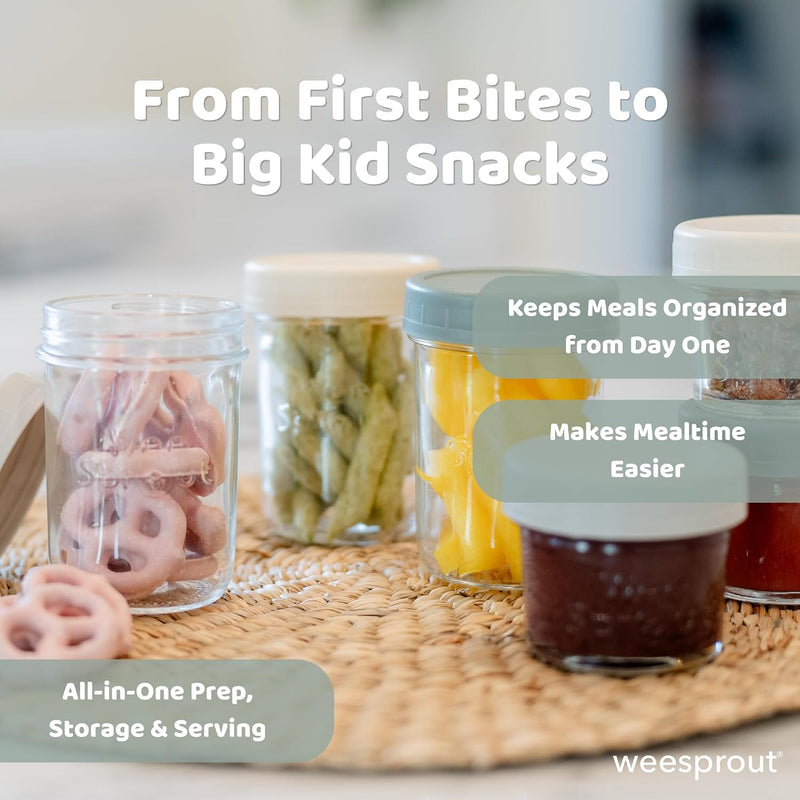 WeeSprout Glass Baby Food Storage Jars w/ Lids (4/8 oz, 12 Pack Set) Snack, Reusable Small Containers, Breast Milk, Fridge, Freezer, Microwave & Dishwasher Safe, Essential Must Have for Infants
