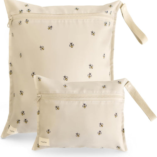 mushie Water Resistant Wet Bags | Large & Small Reusable Storage Bag for Baby Items and Travel | Zippered Pockets with Handle | Machine Washable, Set of 2 (Bees)