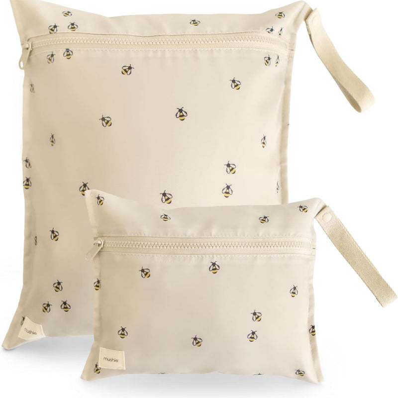 mushie Water Resistant Wet Bags | Large & Small Reusable Storage Bag for Baby Items and Travel | Zippered Pockets with Handle | Machine Washable, Set of 2 (Bees)