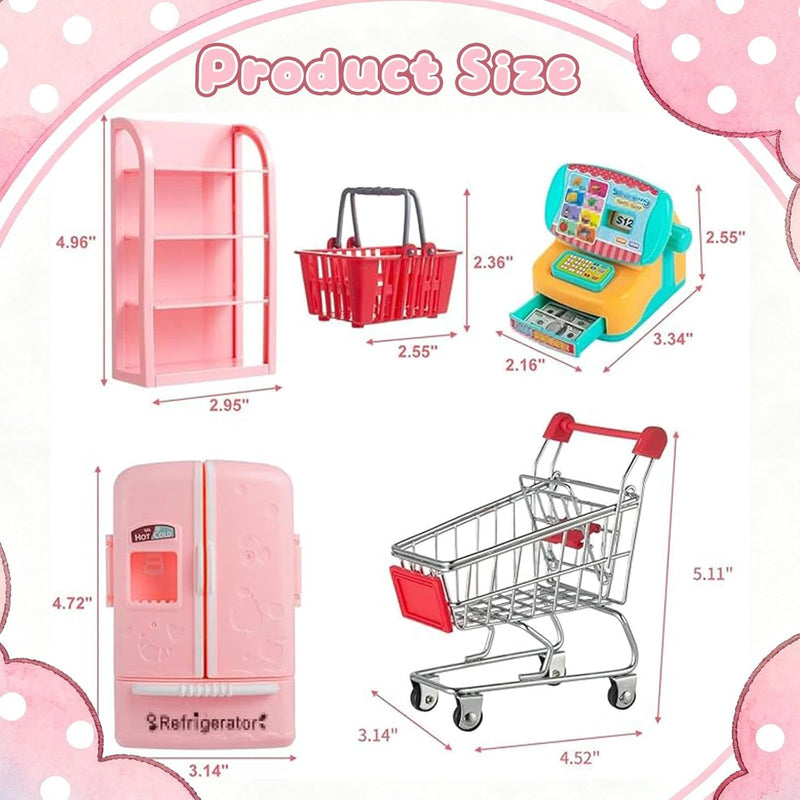164Pcs Mini Shopping Cart Basket Miniature Food Drink Toy Supermarket Metal Handcart Trolley DollHouse Store Grocery Accessories Kitchen Play Game Party Model Shelves Cash Register Refrigerator Fridge