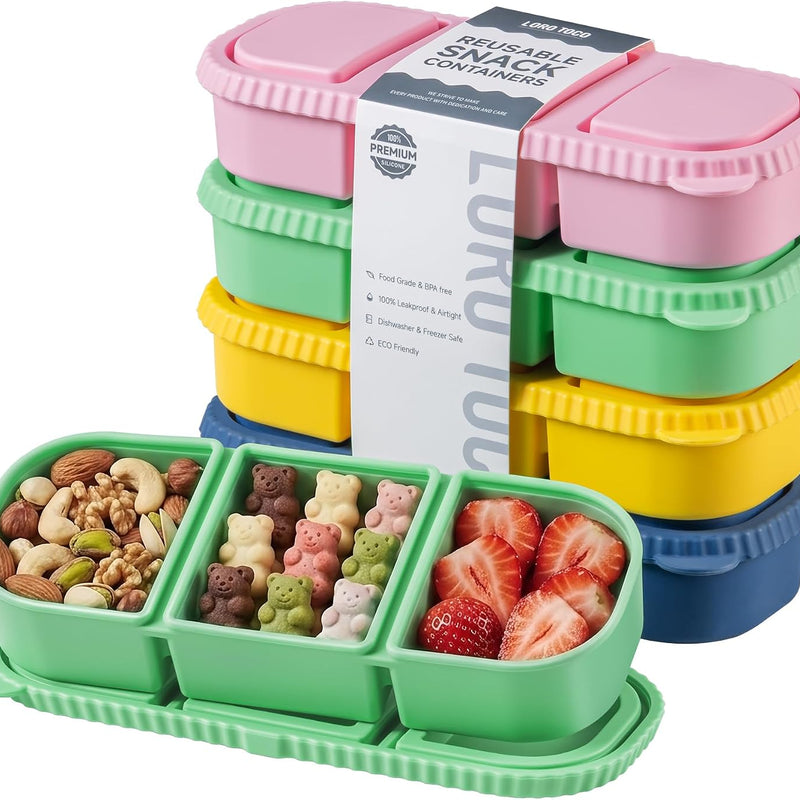 3 Pack Silicone Reusable Snack Containers with Lids - 8 oz Double Compartment Snackle Box for Kids & Adults, BPA-Free & Leakproof, Small for Dressing, Snacks, School, Office, Picnic