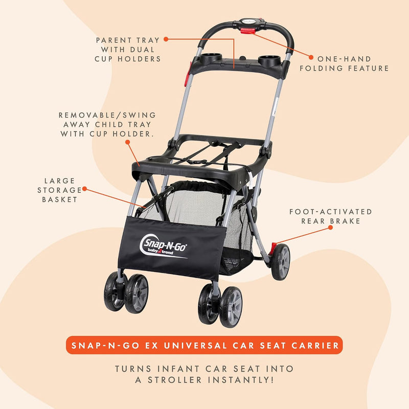 Baby Trend Snap N Go EX Polyester Lightweight Foldable Universal Single Infant Car Seat Carrier with 2 Cup Holder and Covered Compartment, Black