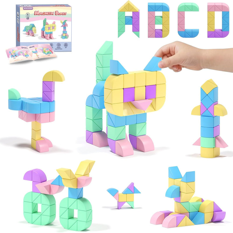 Hiwawind 40pcs Magnetic Blocks -Ideal Gifts for 3 4 5 6 Year Old,STEM Learning Toys for 3-5 Year Old Boys & Girls, Safe & Strong Building Blocks with ASMR Sounds,Classroom Must Haves