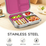 BOSEDSANG Stainless Steel Kids Leak-Resistant Bento Lunch Box, 3-Compartments with Silicone Container, Dishwasher-Safe, Child-Friendly Design for School, Picnics & Travel,BPA-Free(Pink)