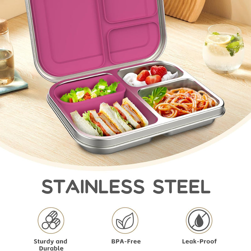 BOSEDSANG Stainless Steel Kids Leak-Resistant Bento Lunch Box, 3-Compartments with Silicone Container, Dishwasher-Safe, Child-Friendly Design for School, Picnics & Travel,BPA-Free(Pink)