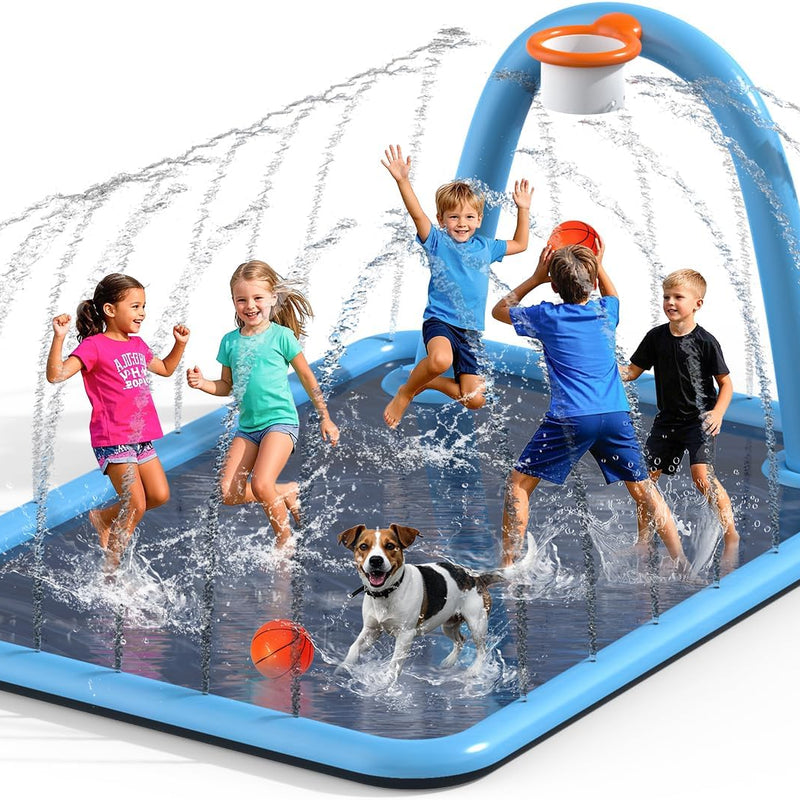 Splash Pad for Kids & Dogs, Large Sprinkler Pad Water Toys with Basketball Hoop, Thickened Non-Slip Splash Mat, Foldable Play Pool & Outdoor Summer Toys Ages 4-12 (102" Splash Pad)