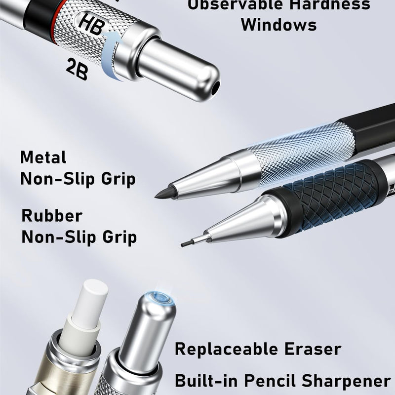 Four Candies 25PCS Mechanical Pencil Set with Case, Art Supplies with Metal Pencil 0.5, 0.7, 0.9 mm & 3PCS 2mm (HB 2H 2B 4B Color) & 432 Graphite Lead Refills, Technical Drawing Kit for Teen & Adults