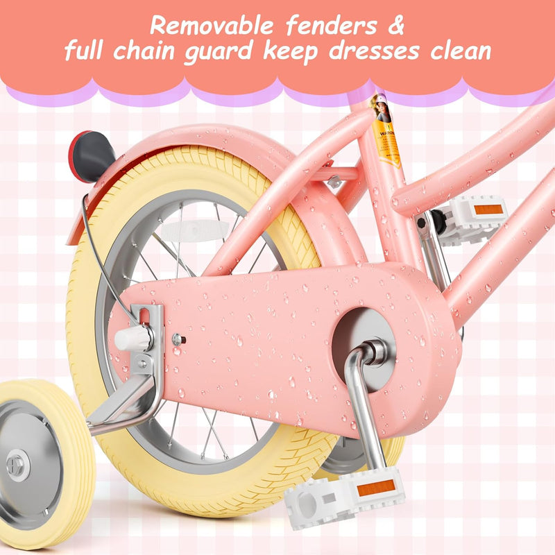 12-20 inch girls' bike with training wheels, pink, adjustable seat & handlebars, sturdy brakes & durable tires