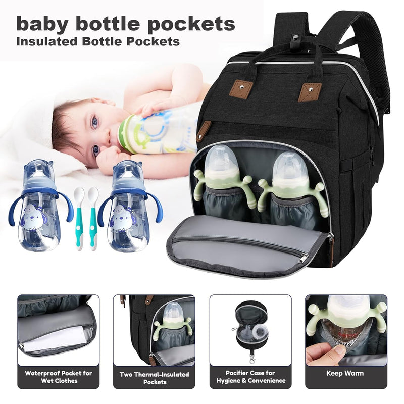 Diaper Bag Backpack, Large Baby Bag with Changing Pad, Thick Padded Back & Straps, Laptop Compartment, Waterproof Travel Backpack with USB Port, Multi-Function for Mom & Dad, Black