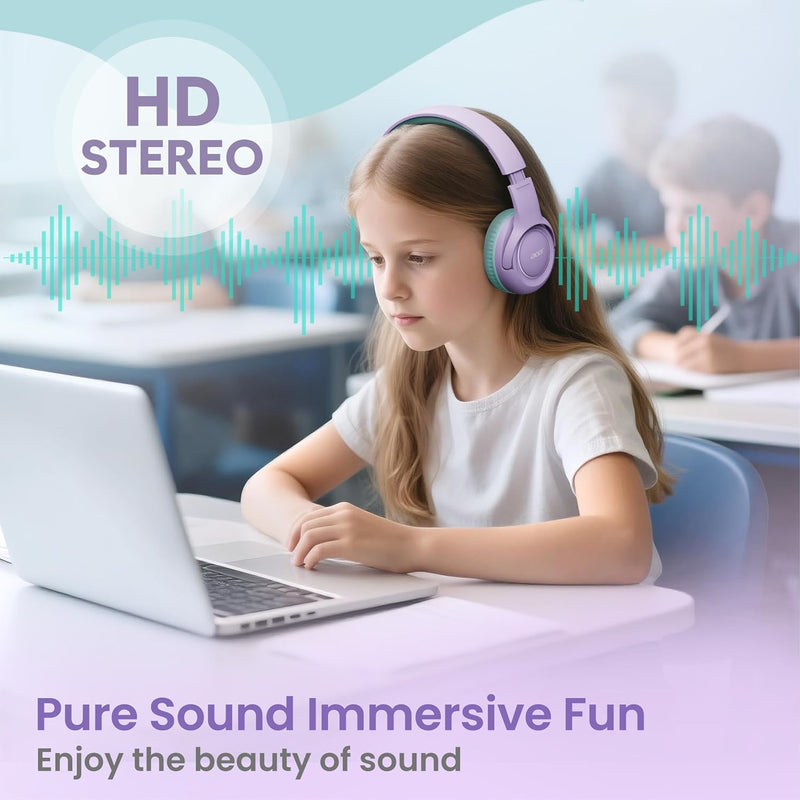 acer kids headphones purple green - over-ear volume limiter 85db foldable stereo sound headset for toddlers girls boys travel learning entertainment